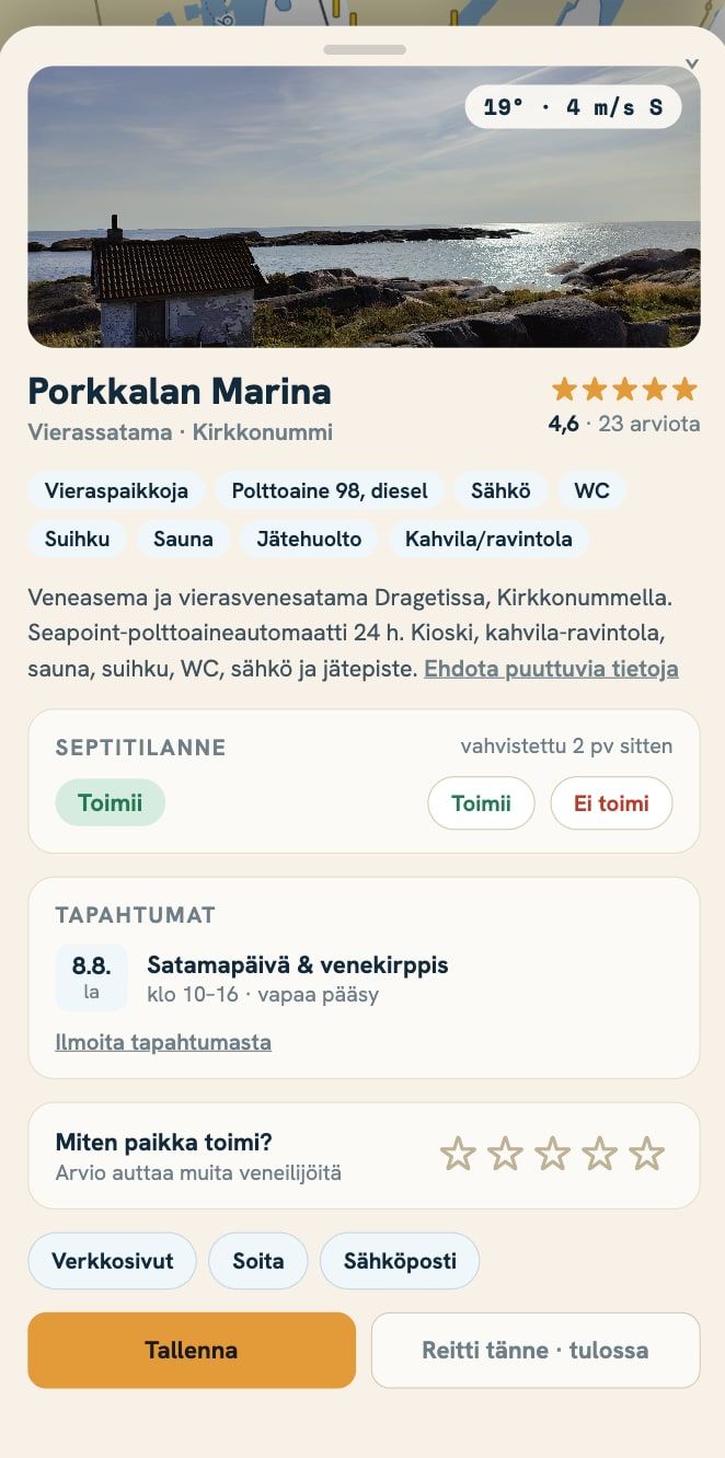 Kuvakaappaus Luotsi-sovelluksesta: Porkkalan Marinan vierassatamakortti. Palvelut, yhteisön vahvistama septitilanne ja sataman tapahtumat.